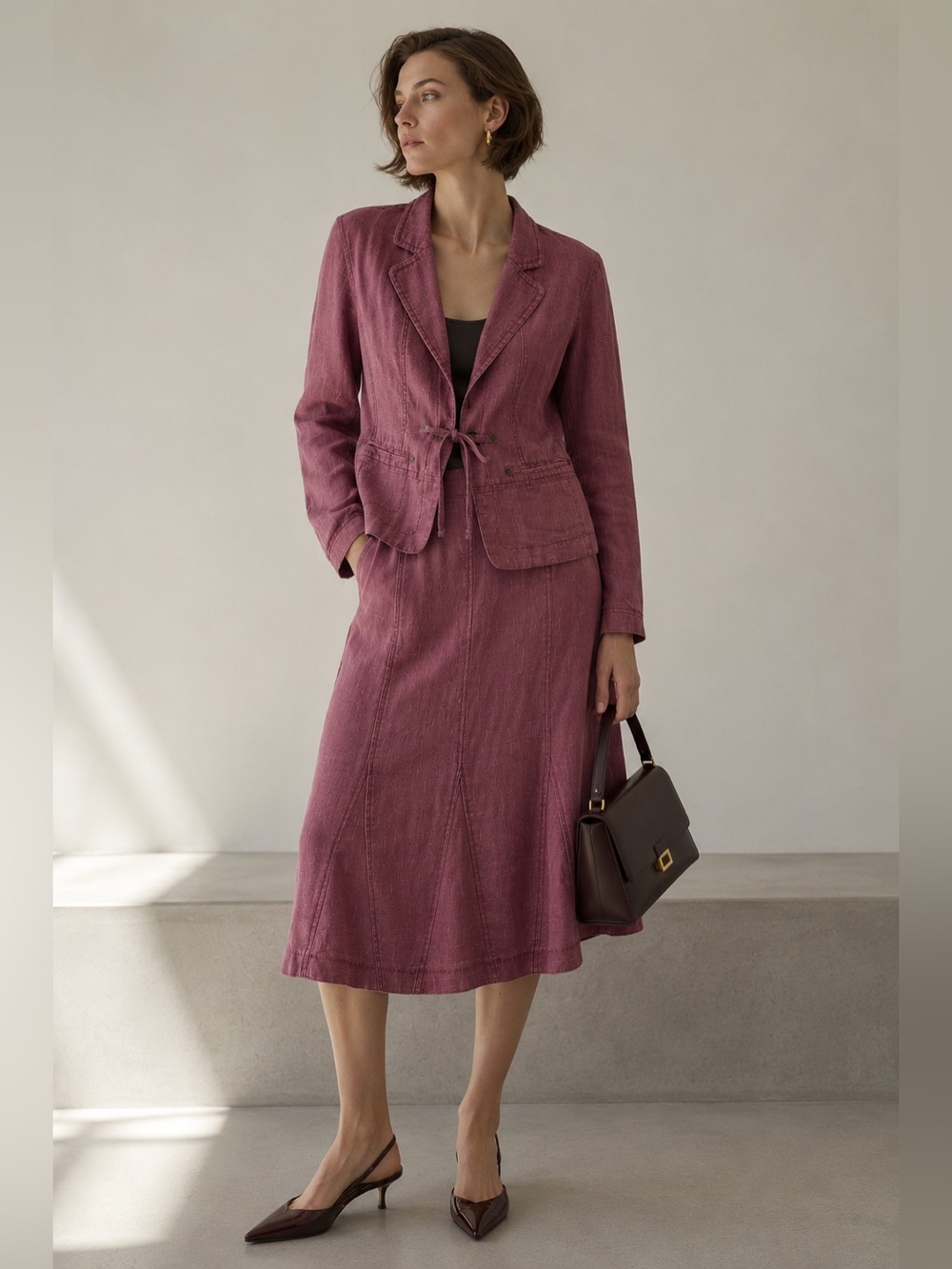 Sandwich_100% Ramie Plum Skirt Suit Set | Tailored Jacket & Midi Skirt | Size 38